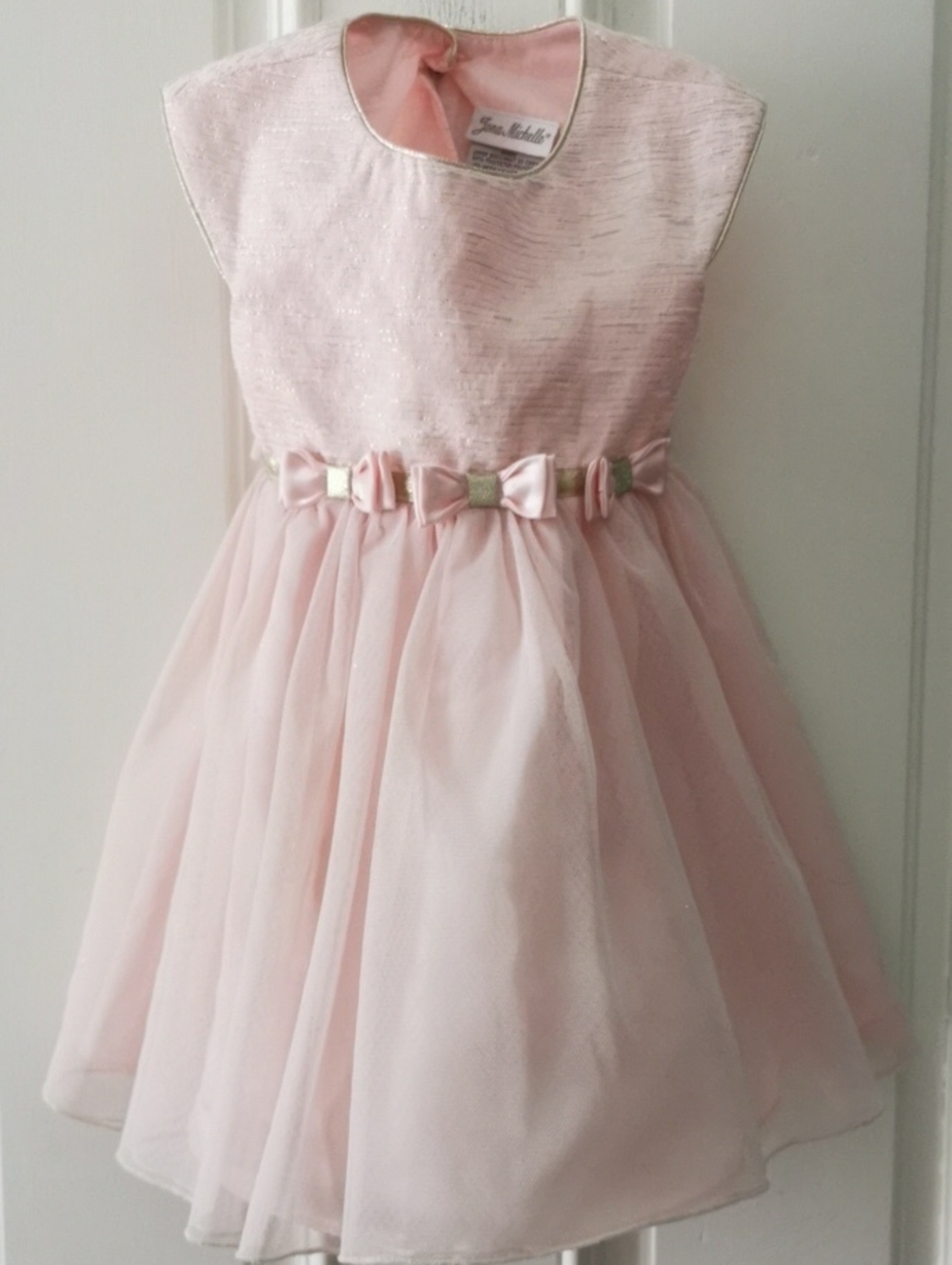 Girls Jona Michelle Soft Blush Party Dress with Gold Accents and Bows. Size 3